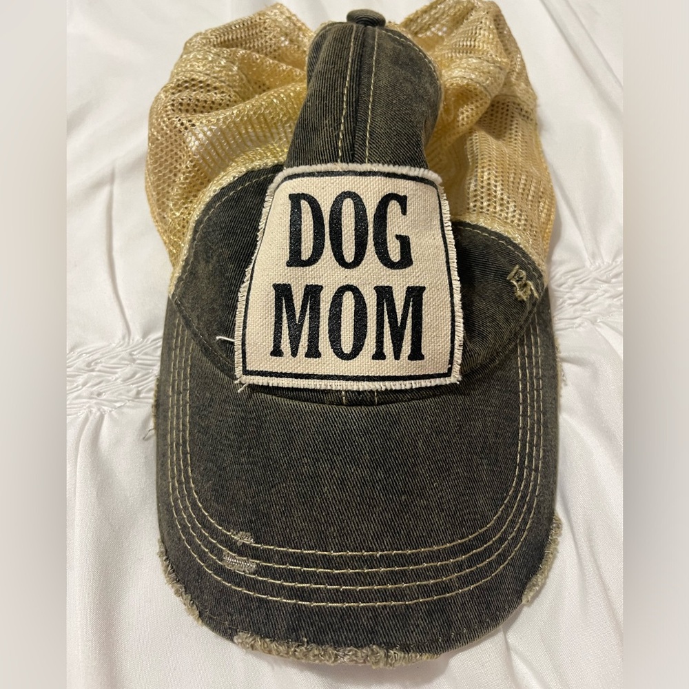 Headmost pale yellow/gray distressed “Dog Mom” adjustable hat